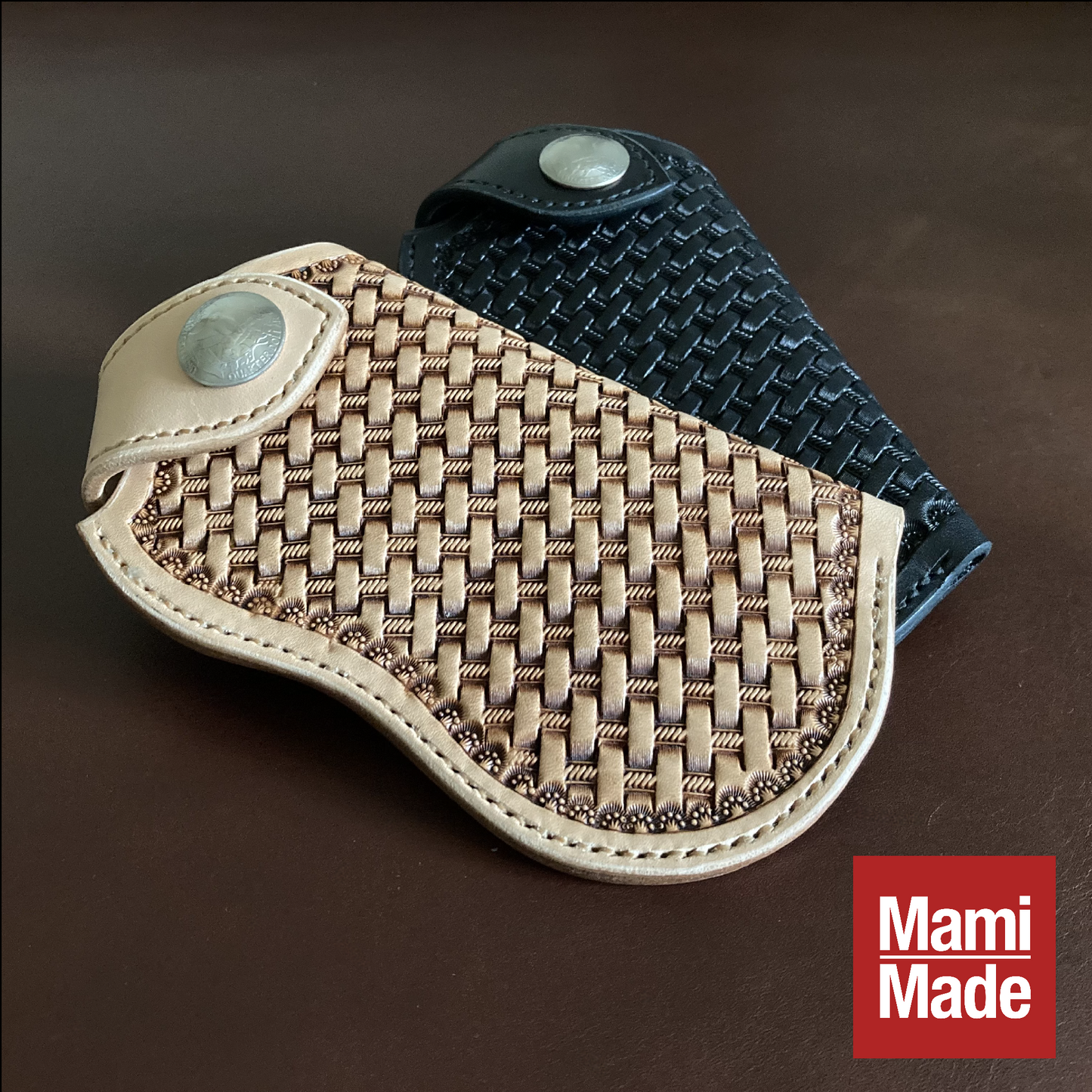 レザー スマホホルダー|牛革|バスケットスタンプ|MamiMade 革製スマホケース|ベルト装着タイプ
