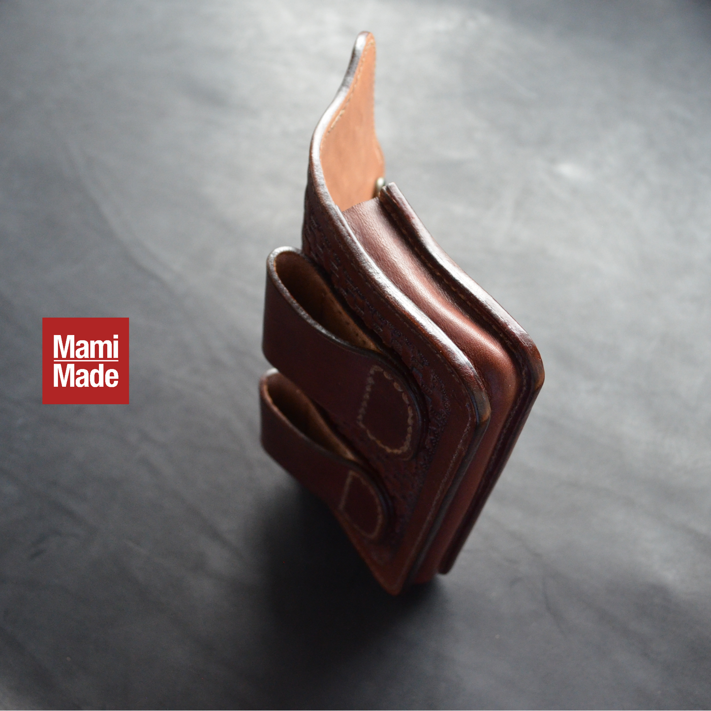 レザー スマホホルダー｜牛革｜バスケットスタンプ｜MamiMade｜革製スマホケース｜S/M/L オーダーメイド対応